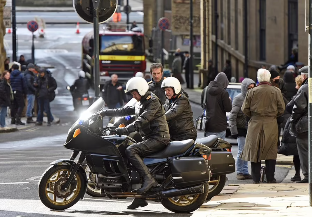 The motorcycle during filming for The Crown